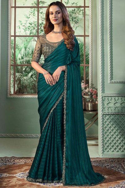 Bottle Green Georgette  Embroidered Bordered Saree