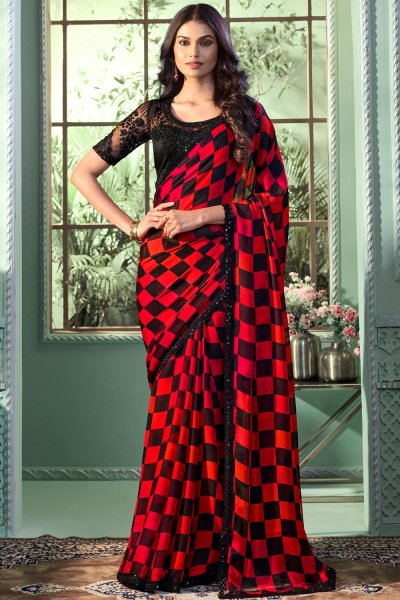 Red & Black Chiffon Silk Printed & Embroidered Bordered Saree