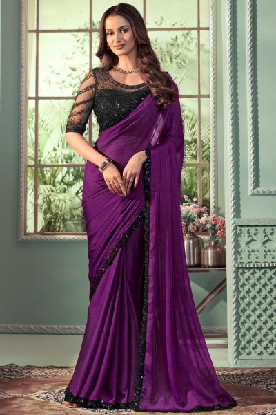 Violet Georgette  Embroidered Bordered Saree