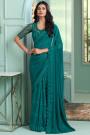 Teal Georgette  Embroidered Bordered Saree
