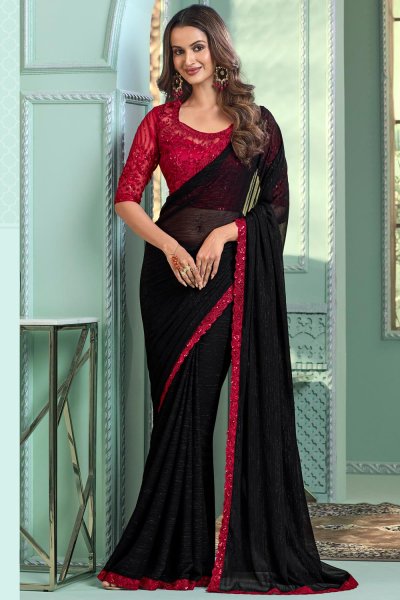 Black Chiffon Embroidered Bordered Saree