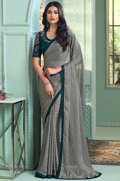 Grey Georgette Silk Embroidered Bordered Saree