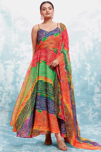 Multicolor Bandhani Printed Georgette Anarkali Dress With Dupatta