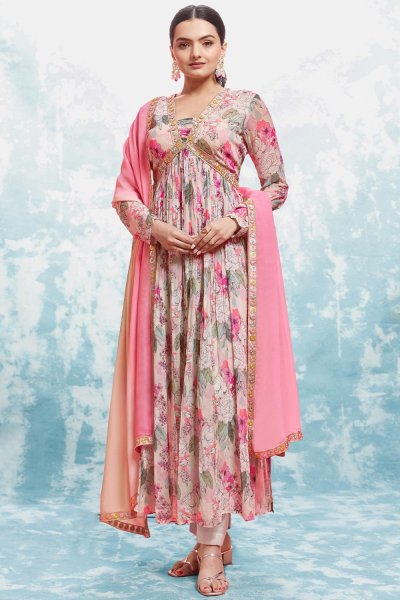 Blush Pink & Multicolor Printed & Embroidered Georgette Anarkali Suit