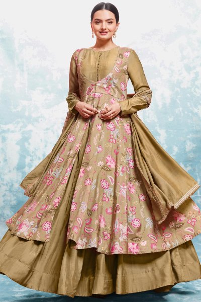 Gold Beige Printed Muslin Layered Anarkali Suit