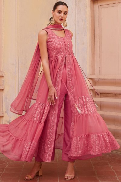 Rosewood Pink Georgette Embroidered Anarkali Dress