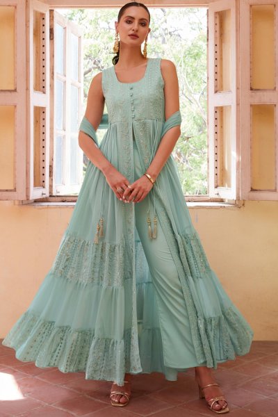 Mint Blue Georgette Embroidered Anarkali Dress