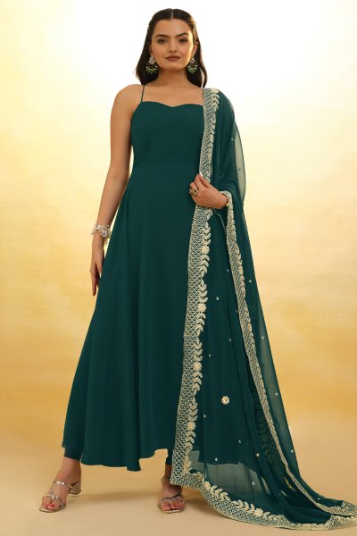 Bottle Green Georgette Embroidered Anarkali Suit