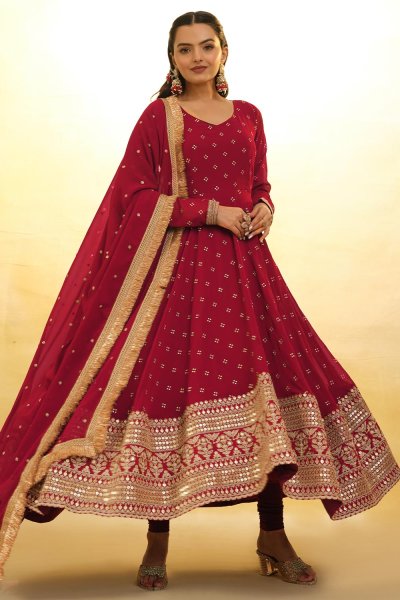 Red Georgette Embroidered Anarkali Suit