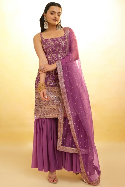 Pink Purple Georgette Embroidered Sharara Suit Set