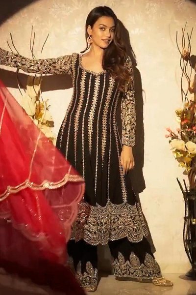 Black Georgette Embroidered Anarkali Suit With Organza Dupatta