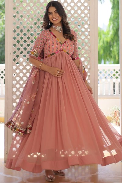 Peach Georgette Embroidered Anarkali Dress With Dupatta