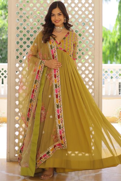 Mustard Green Georgette Embroidered Anarkali Dress With Dupatta