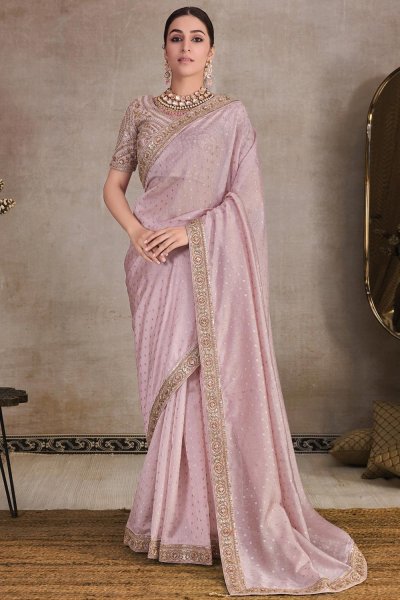 Light Pink Jacquard Organza Silk Embroidered Saree