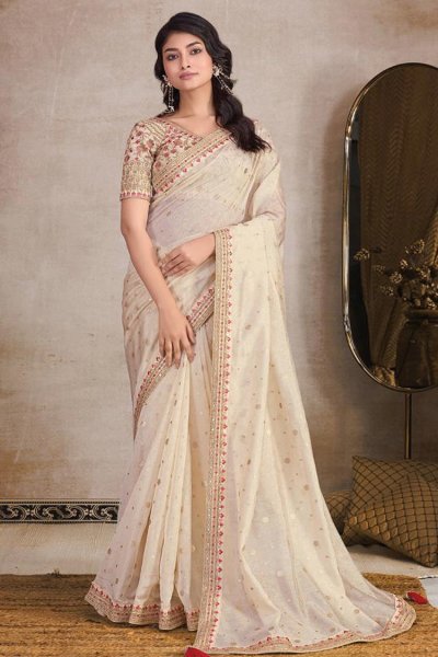 Ivory Jacquard Organza Silk Embroidered Saree