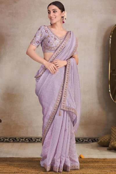 Lilac Jacquard Organza Silk Embroidered Saree