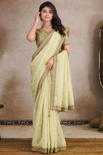 Light Lime Green Jacquard Organza Silk Embroidered Saree