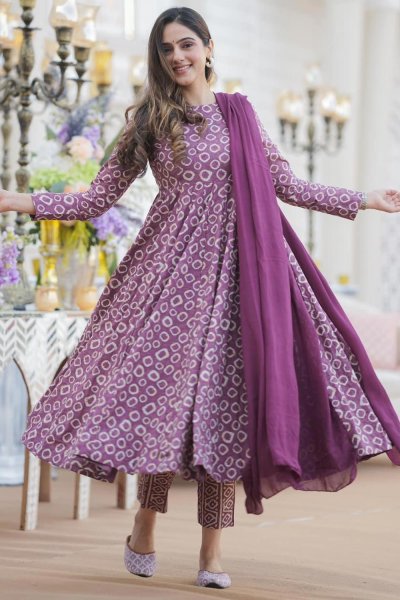 Violet Printed Cotton Silk Anarkali Suit