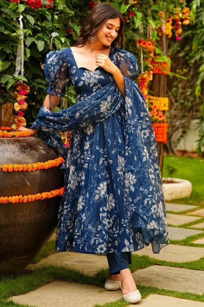 Navy Blue Printed Silk Anarkali Suit