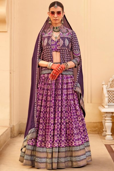 Purple Silk Printed & Embroidered Lehenga Set With Jacket