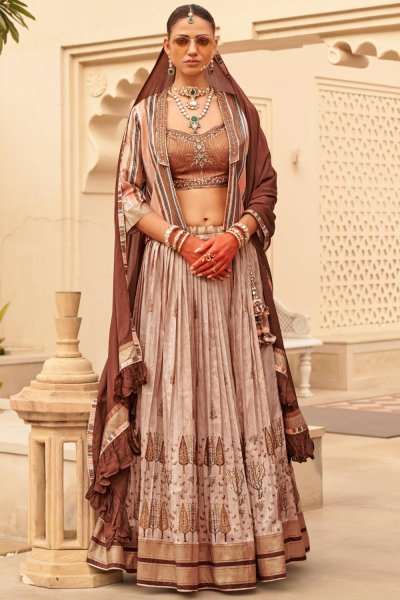 Brown Beige Silk Printed & Embroidered Lehenga Set With Jacket