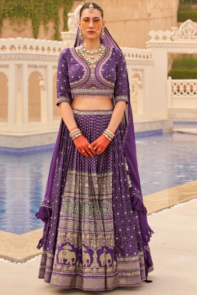 Plum Purple Silk Printed & Embroidered Lehenga Set