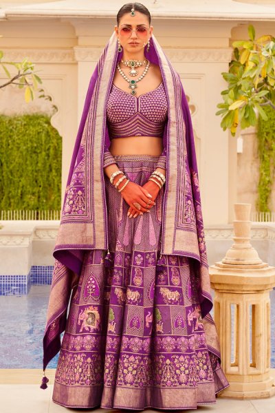 Purple Silk Printed & Embroidered Lehenga Set