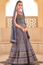 Navy Blue Silk Printed & Foil Work Anarkali Dress With Dupatta