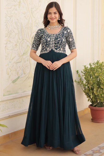 Prussian Blue Georgette Embroidered Anarkali Dress