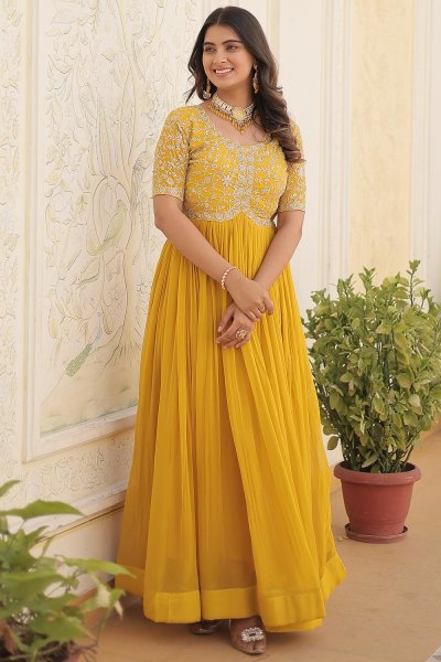 Yellow Georgette Embroidered Anarkali Dress