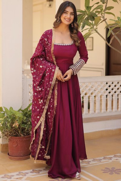 Deep Magenta Silk Embroidered Anarkali Dress With Dupatta