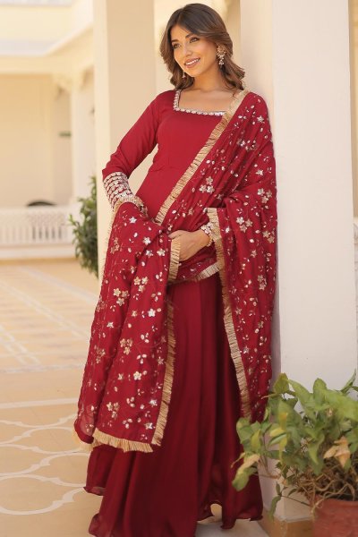 Maroon Silk Embroidered Anarkali Dress With Dupatta