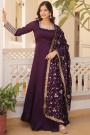 Plum Purple Silk Embroidered Anarkali Dress With Dupatta