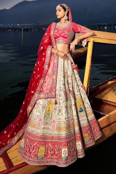 Ivory & Red Silk Embroidered Lehenga Set