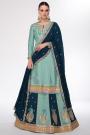 Mint Green & Teal Silk Embroidered Long Kurti Lehenga Set