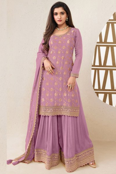 Pink Purple Chinon Silk Jacquard Embroidered Sharara Kurta Set