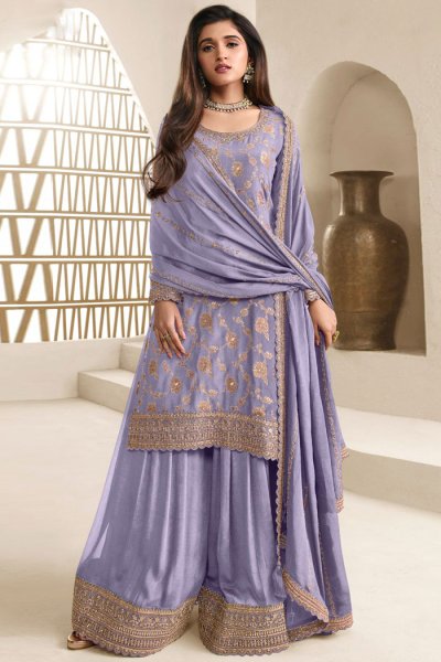 Lilac Chinon Silk Jacquard Embroidered Sharara Kurta Set