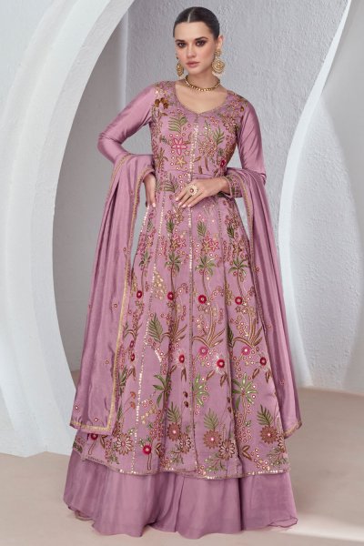 Mauve Silk Embroidered Anarkali With Skirt