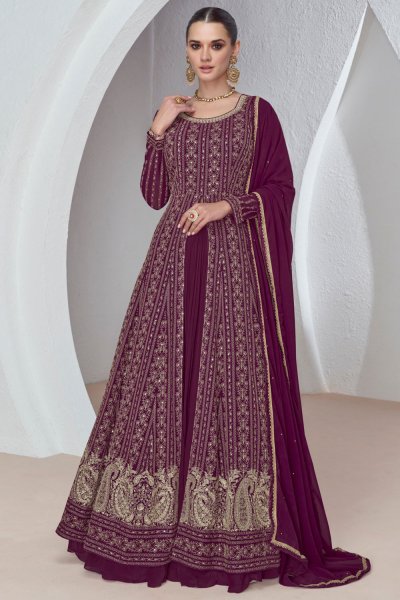 Wine Georgette Embroidered Anarkali With Skirt