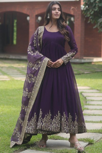 Violet Georgette Embroidered Anarkali Dress With Dupatta