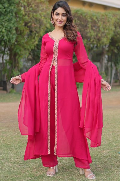 Pink Georgette Front Slit Embroidered Kurta Set