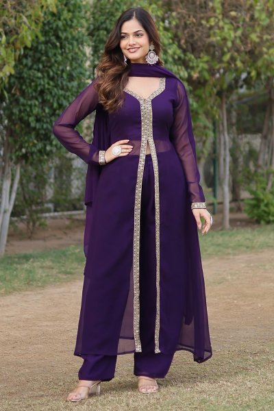 Purple Georgette Front Slit Embroidered Kurta Set