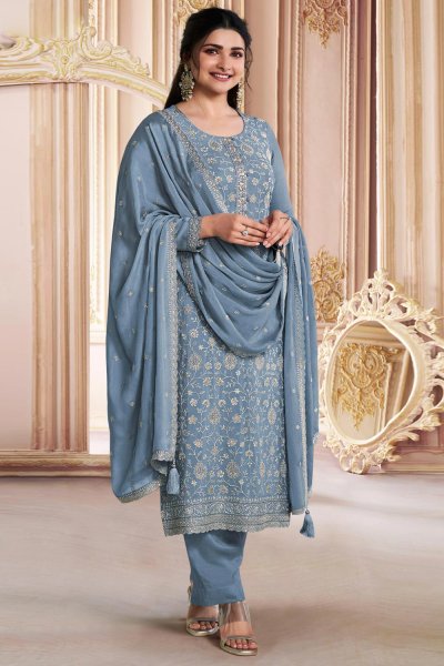 Soft Blue Chinon Silk Embroidered Kurta Set