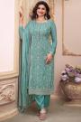 Turquoise Blue Chinon Silk Embroidered Kurta Set