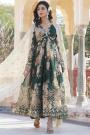 Dark Green Silk Printed & Embroidered Anarkali Dress With Dupatta