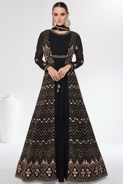 Black Georgette Embroidered Anarkali Suit