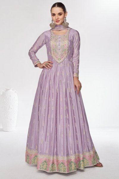 Pastel Lilac Chinon Silk Embroidered Anarkali Suit