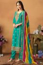 Teal Chinon Silk Embroidered Kurta Set