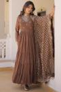 Chocolate Brown Georgette Embroidered Anarkali Dress With Dupatta