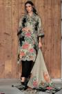 Black & Beige Lawn Cotton Printed & Laced Kurta Set With Chiffon Dupatta